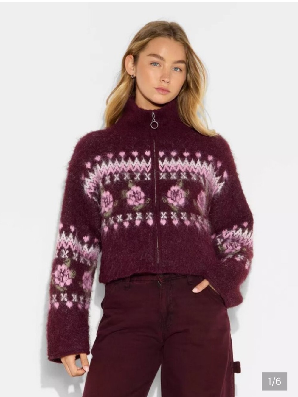 wild fable Burgundy & Pink Floral Full Zip Mock Neck Sweater NWT